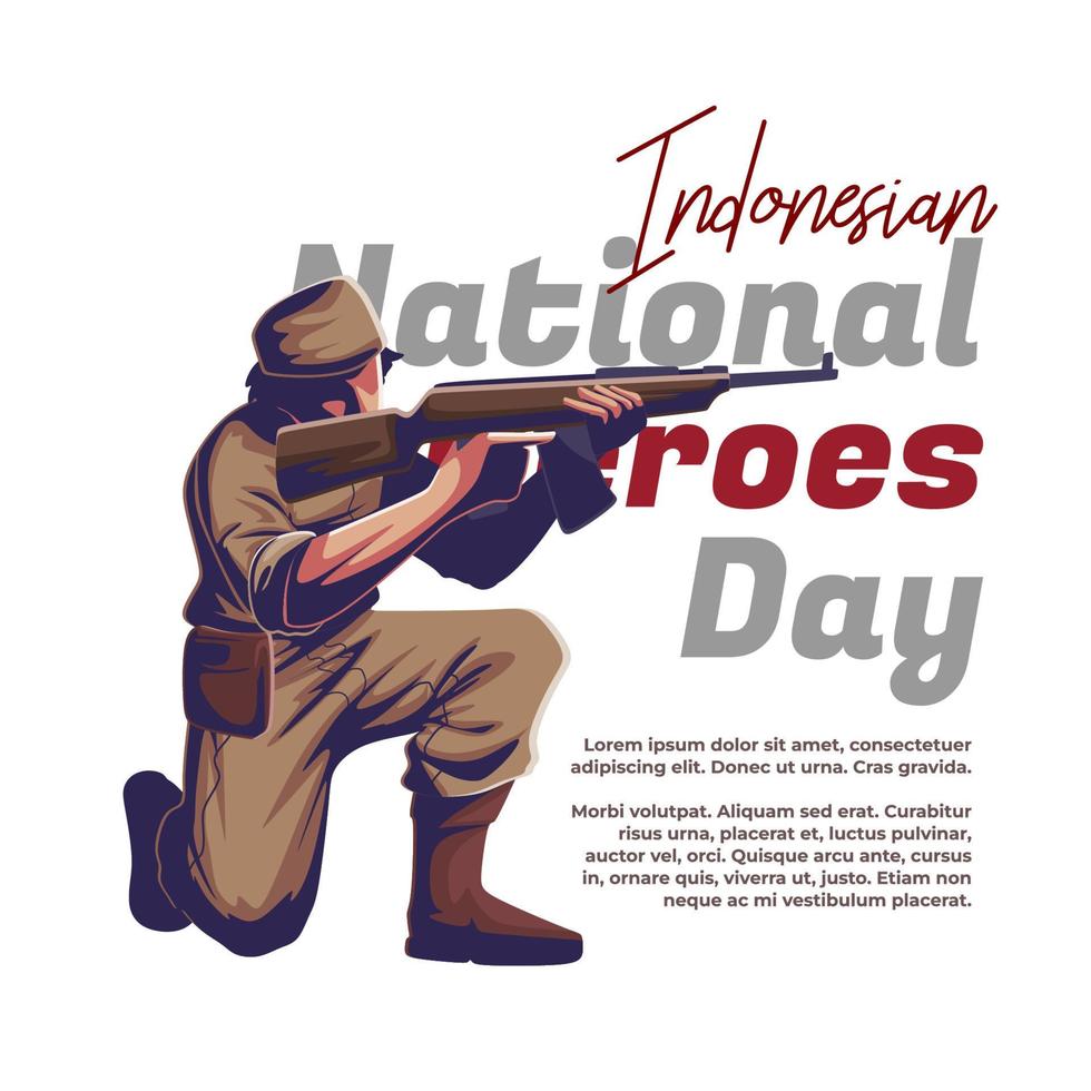 ilustración del día del héroe indonesio sobre un soldado corriendo con una bandera vector