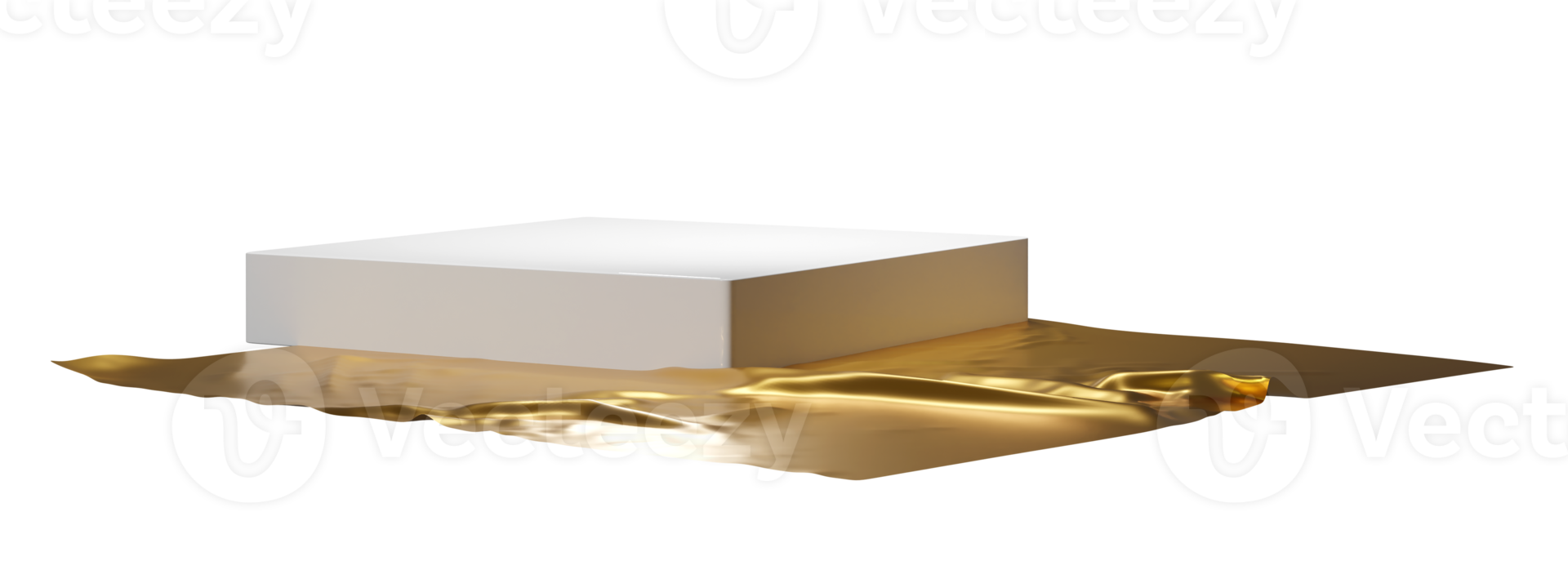 Gold satin fabric on floor and white cube podium. Product presentation mockup template with no background. Product placement concept png