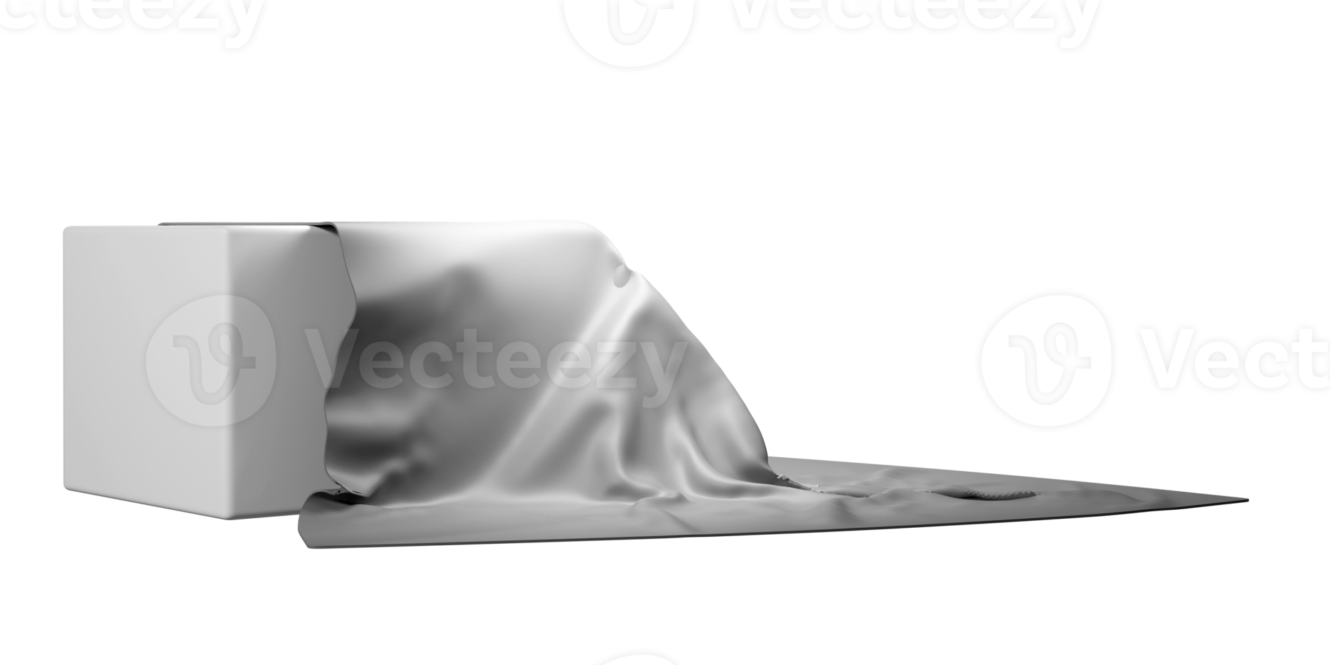 Silver silk cloth falling from white corner podium. 3d render scene with angle pedestal and no background. Isolated platform for advertising. Mockup template png