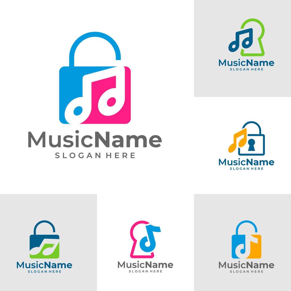 conjunto de ilustración de icono de vector de logotipo de candado de música. plantilla de diseño de logotipo de música de candado