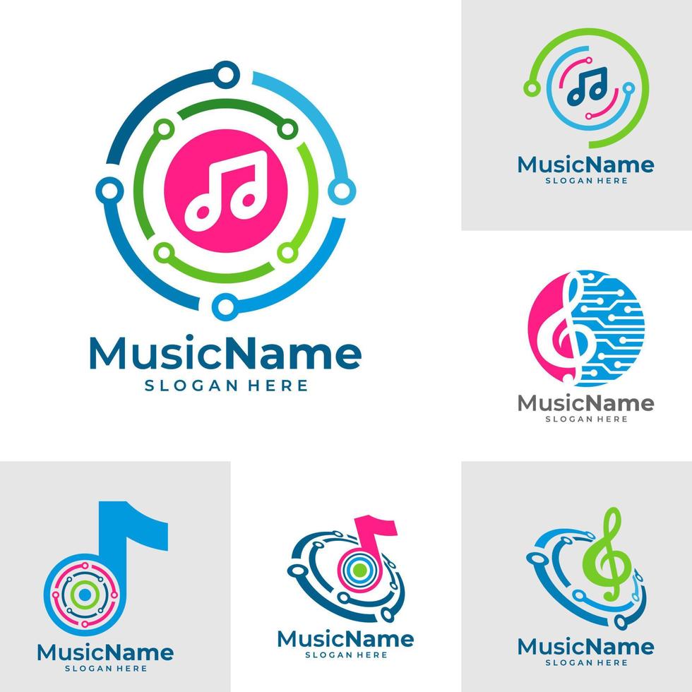 conjunto de vectores de logotipo de música tecnológica. plantilla de diseño de logotipo de música de circuito