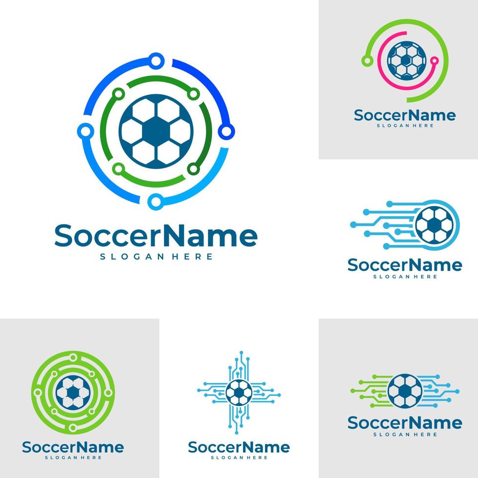 conjunto de plantilla de logotipo de fútbol de tecnología, vector de diseño de logotipo de tecnología de fútbol