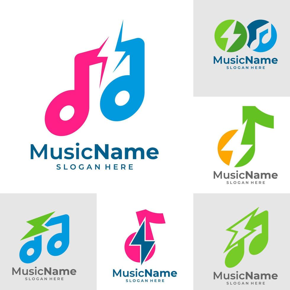 conjunto de ilustración de icono de vector de logotipo de trueno de música. plantilla de diseño de logotipo de música de trueno