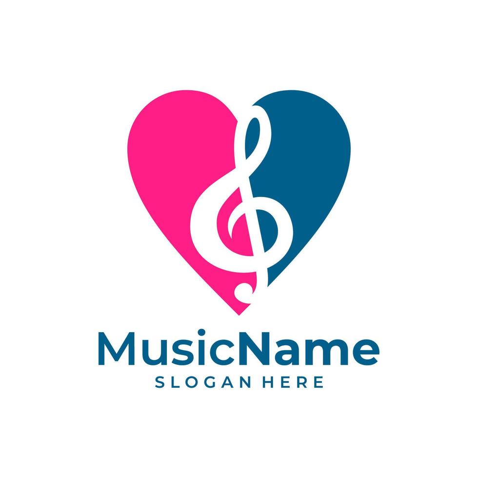 Music key and heart abstract hand drawn vector logo and icon. Musical theme flat design template. Isolated on the white background