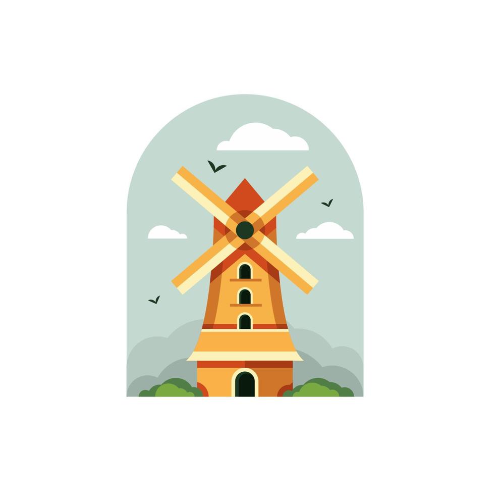 Ilustración de diseño de vector de molino de viento de paisaje rural de tierras de cultivo