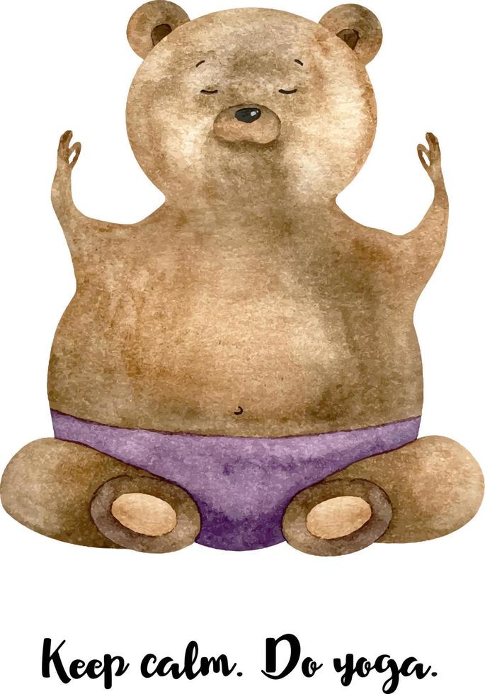 Watercolor sitting bear yoga in purple. Funny bear boy. Bear yoga. Watercolor illustration with cute bear yoga vector