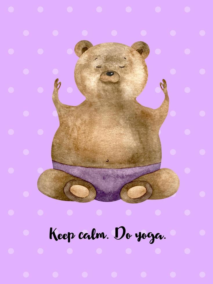 acuarela oso sentado yoga en morado. chico oso divertido. oso yoga ilustración acuarela con lindo oso yoga vector