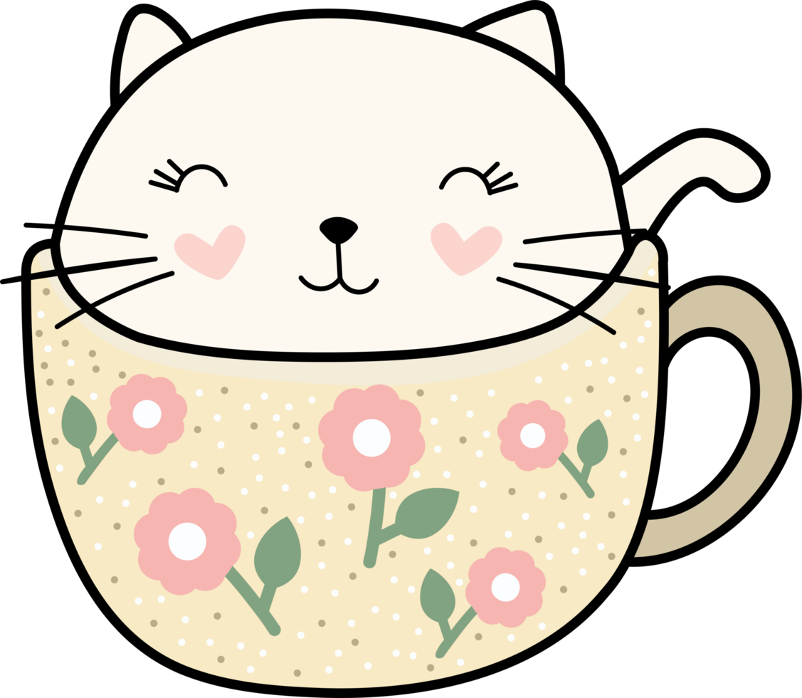 gato de coração fofo colorido floral em uma xícara de café png