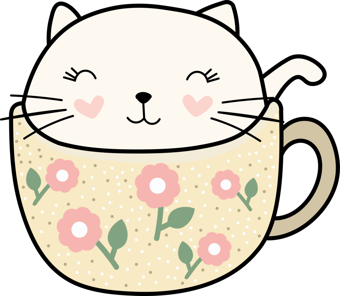 florale bunte süße Herzkatze in einer Kaffeetasse png