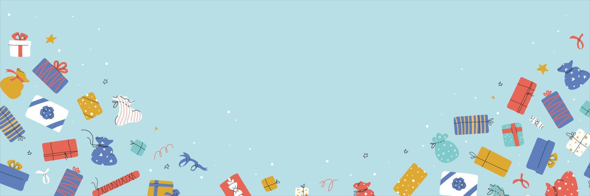 banner vectorial con elementos de fiesta, regalos navideños, cajas sorpresa vector