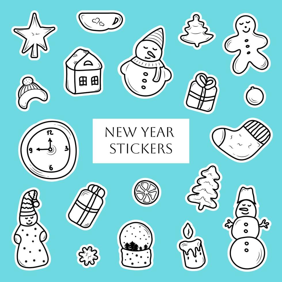 doodle lindas pegatinas de navidad y año nuevo. conjunto de elementos dibujados a mano de invierno vector