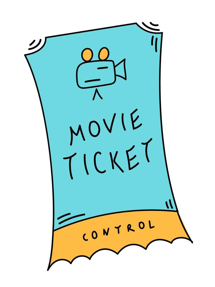 Cute color doodle cinema ticket in cartoon style. Admit one ticket for entertainment. Hand drawn vector illustration