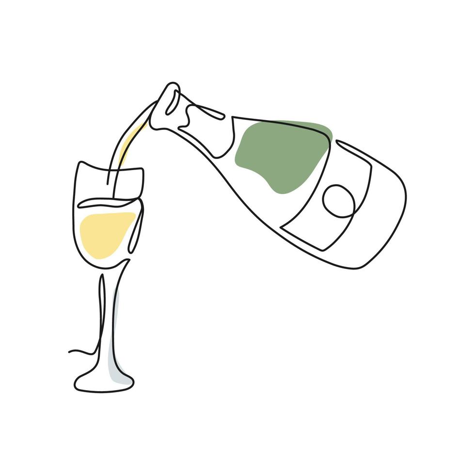 Continuous one line drawing of champagne bottle and glass with abstract shapes. Pouring champagne into a glass in line art style. Vector illustration isolated on white background