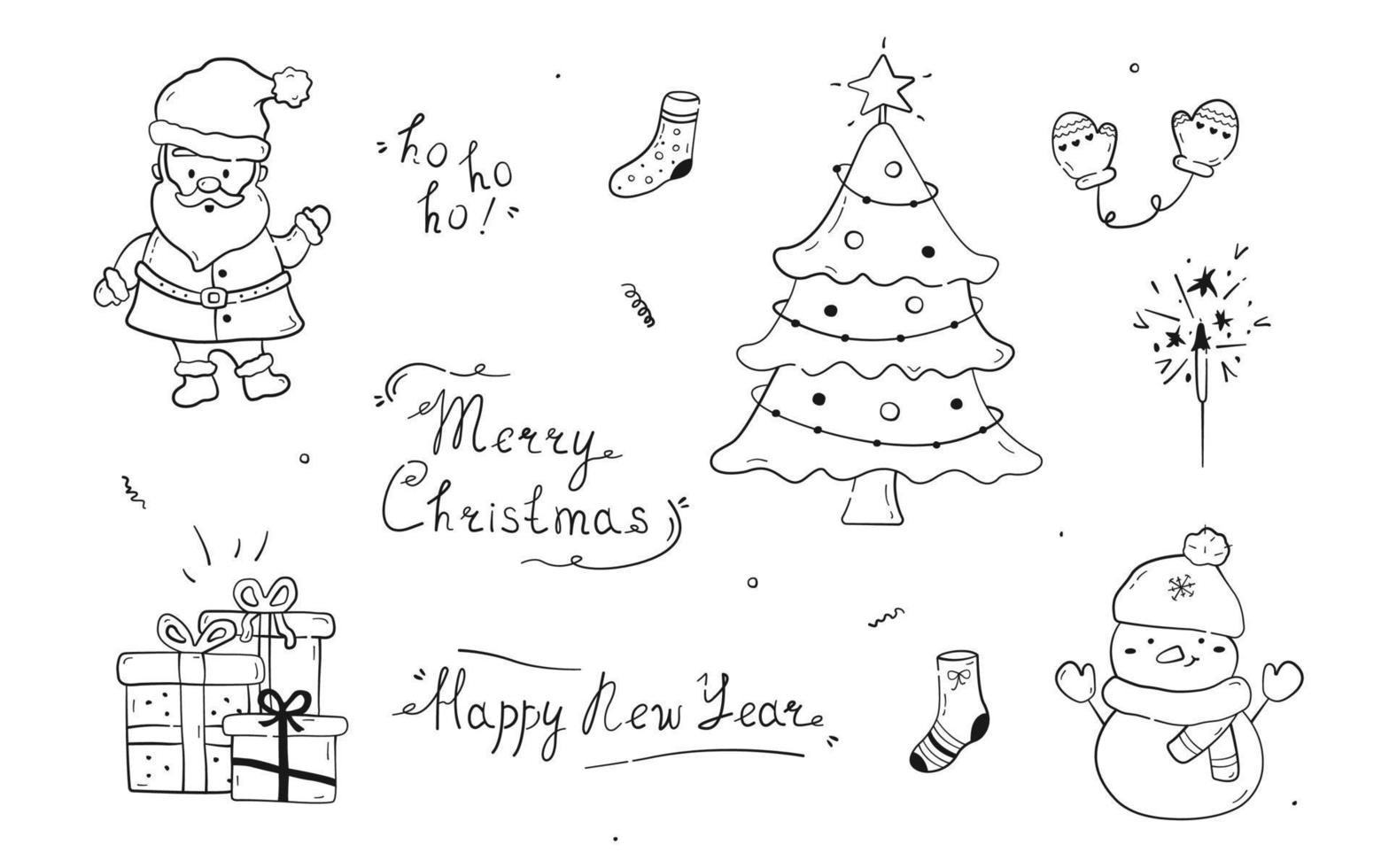 Collection of hand drawn New Year elements and lettering. Cute doodles set of santa, Christmas tree, snowman, sparkler, gift boxes, socks and mittens. Vector illustration
