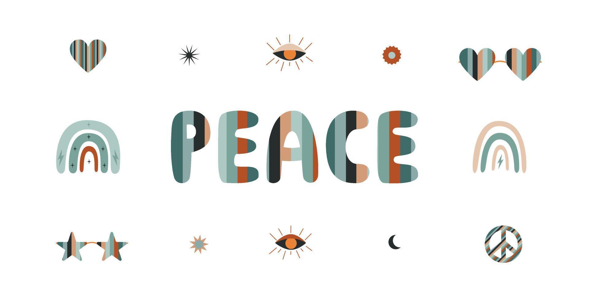 Flat vector hippy boho illustration. Hand drawn retro groovy elements and peace lettering