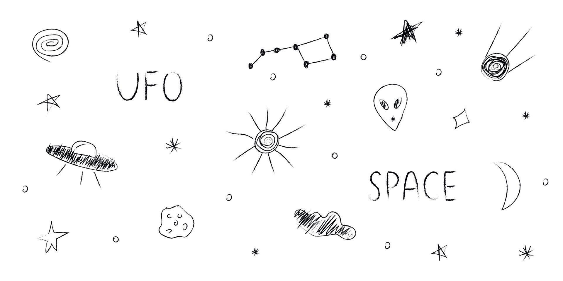 doodle cosmos ilustración ambientada en estilo infantil, clipart de diseño. elementos espaciales abstractos dibujados a mano con letras. en blanco y negro. vector