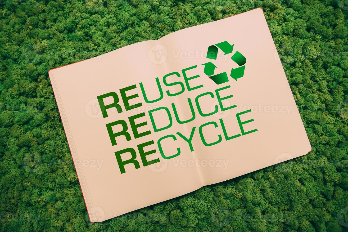 You can make this world better. Top view close-up image of notebook with recycling symbol and text at moss background photo