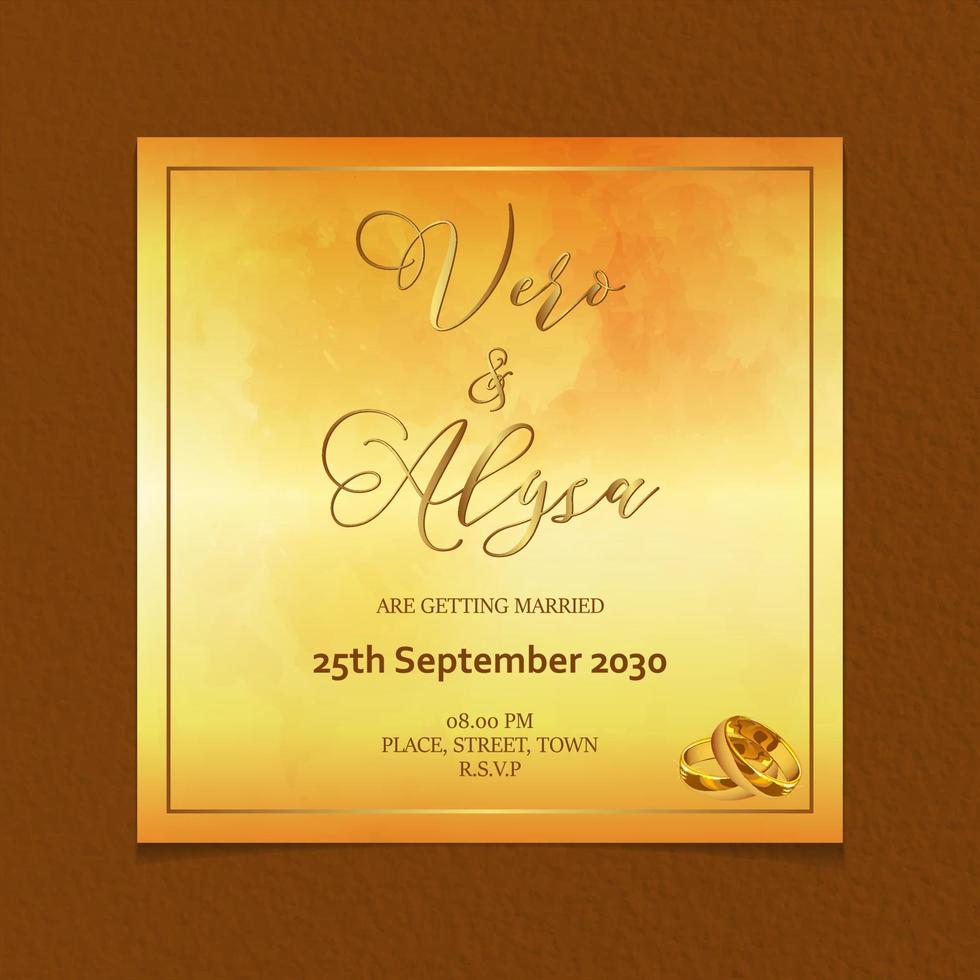 Gold watercolor wedding card with the rings paper texture vector