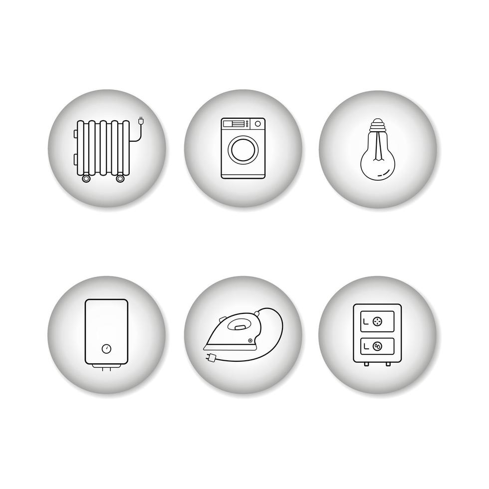 Linear icons of electrical appliances on round backgrounds with 3D effect. Vector icons isolated on white.
