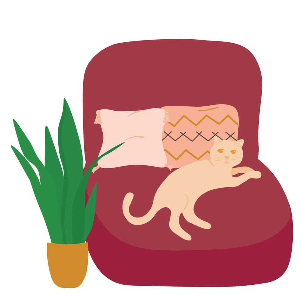 habitación cómoda. un gato doméstico yace entre almohadas suaves. un sillón y una planta de interior. una flor en una maceta. ilustración de stock vectorial. Aislado en un fondo blanco. vector