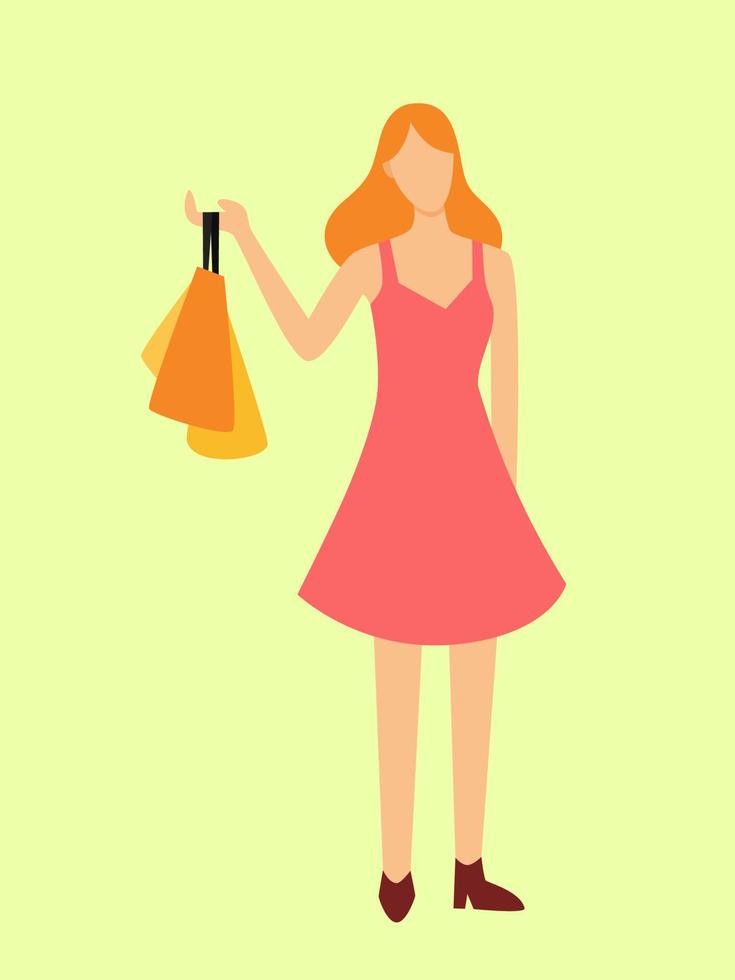 chica con vestido rosa de compras mientras lleva bolsas de papel planas en la mano ilustración vector