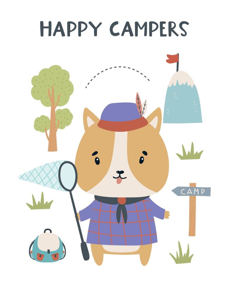 Cute hand drawn animals camper in scandinavian style. A big adventure with animals cartoon character dog - vector print.