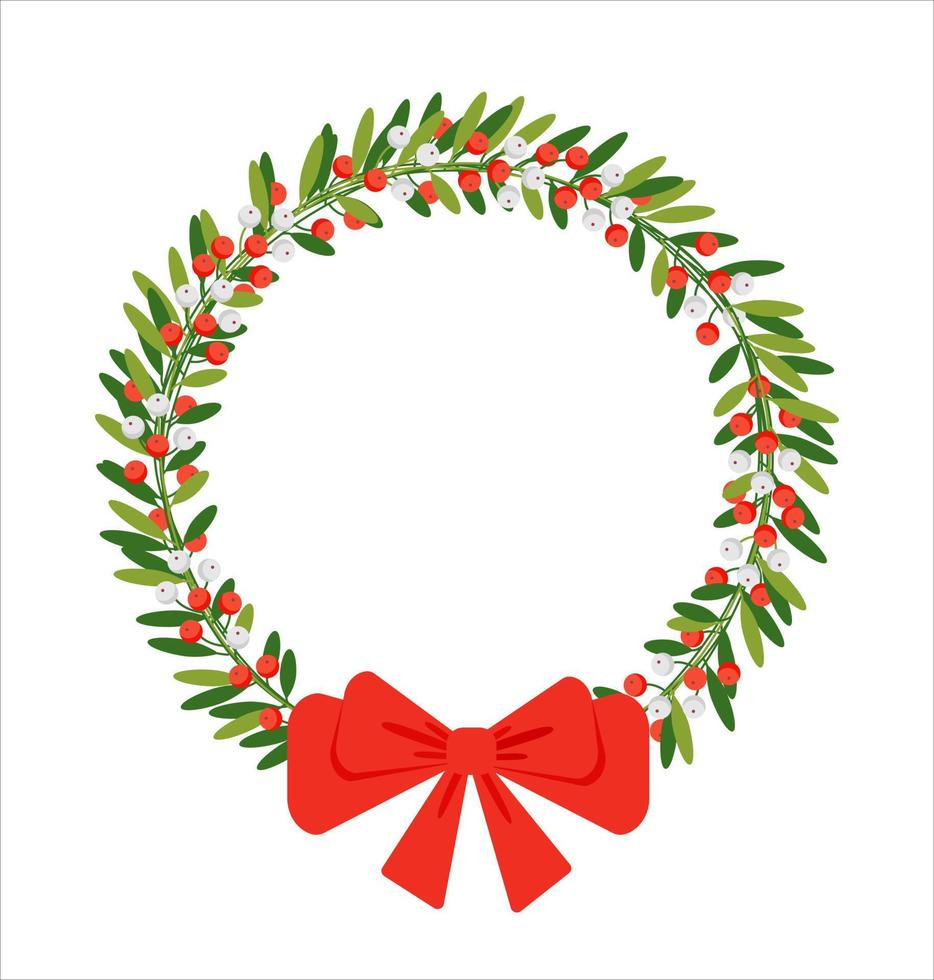 ilustración vectorial corona de decoración navideña con bayas de invierno y lazo rojo sobre fondo blanco. para diseñar un saludo digital en pantalla por web o tarjeta de papel para entrega personal vector