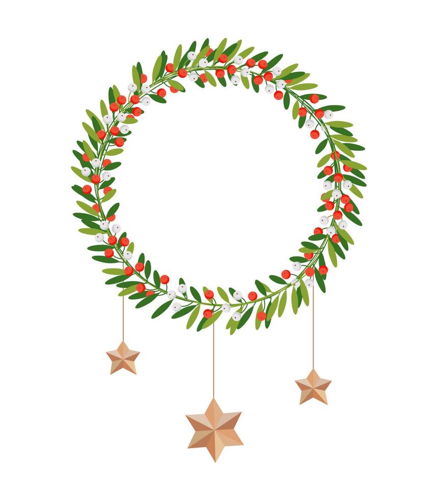 Vector illustration Christmas decoration wreath with winter berries and golden star on white background. For design an on-screen digital greeting by email or paper card for personal delivery