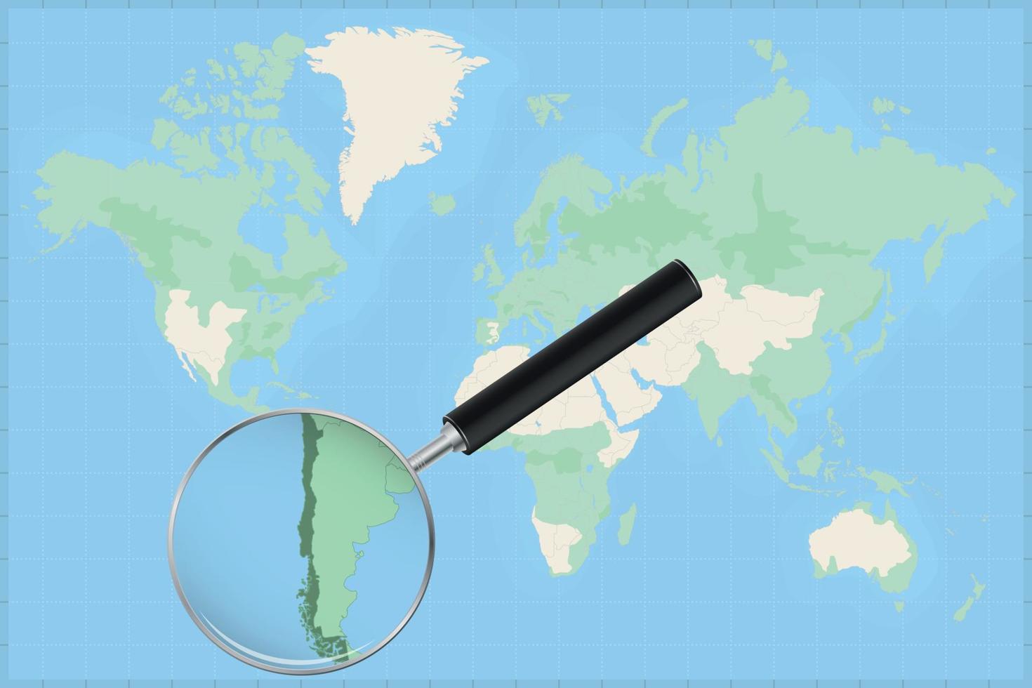 Map of the world with a magnifying glass on a map of Chile. vector
