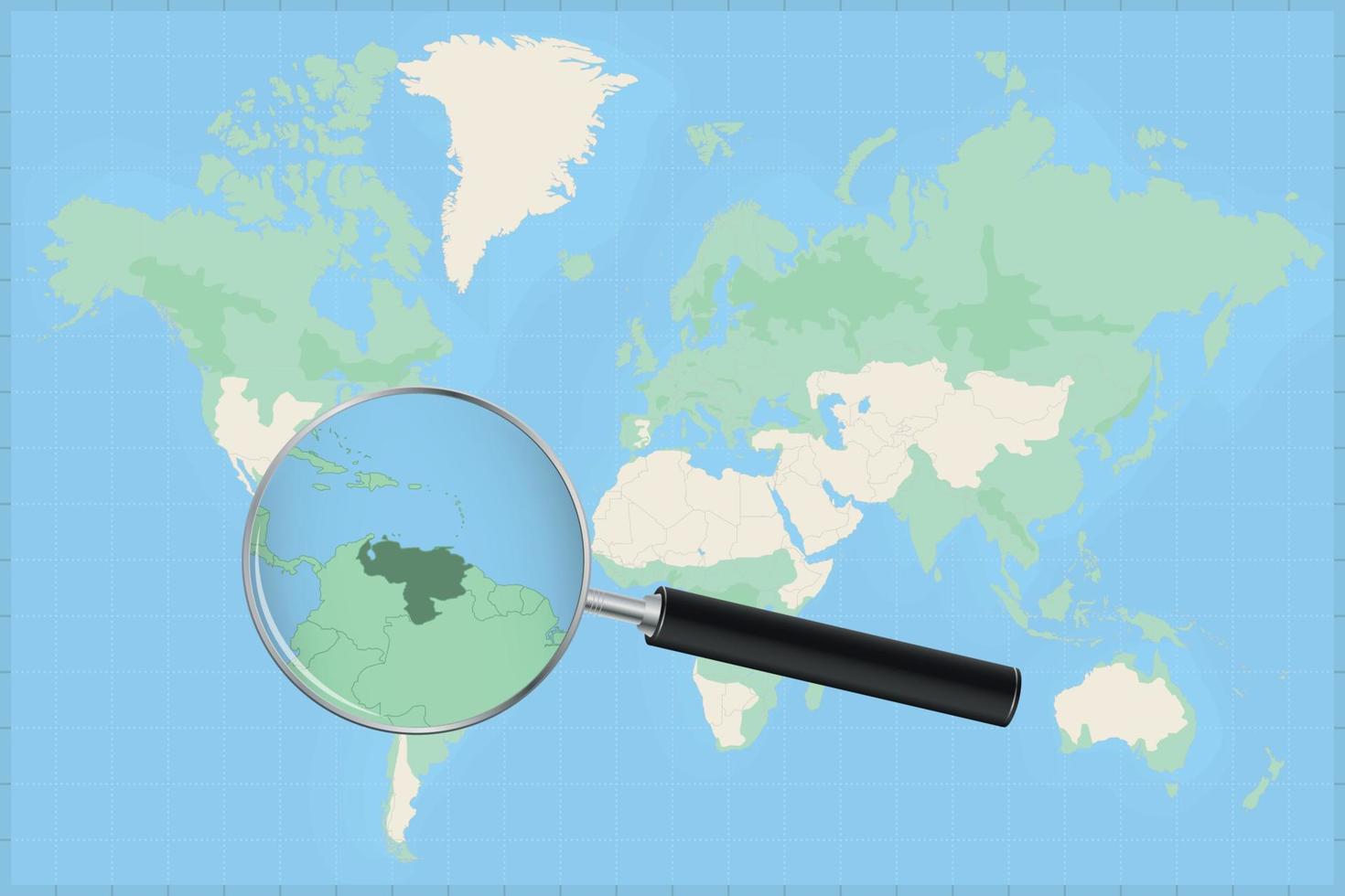 Map of the world with a magnifying glass on a map of Venezuela. vector