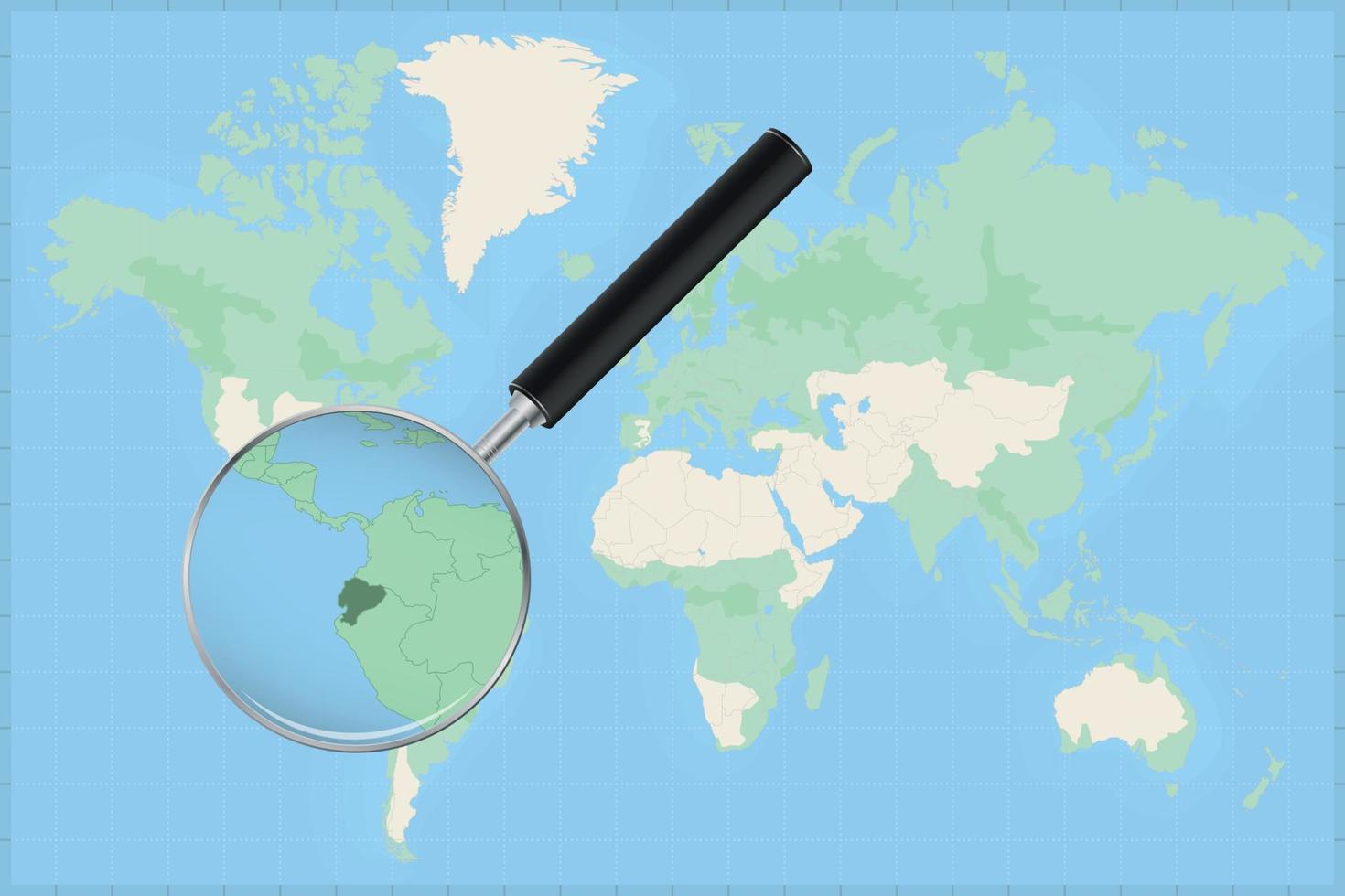 Map of the world with a magnifying glass on a map of Ecuador. vector