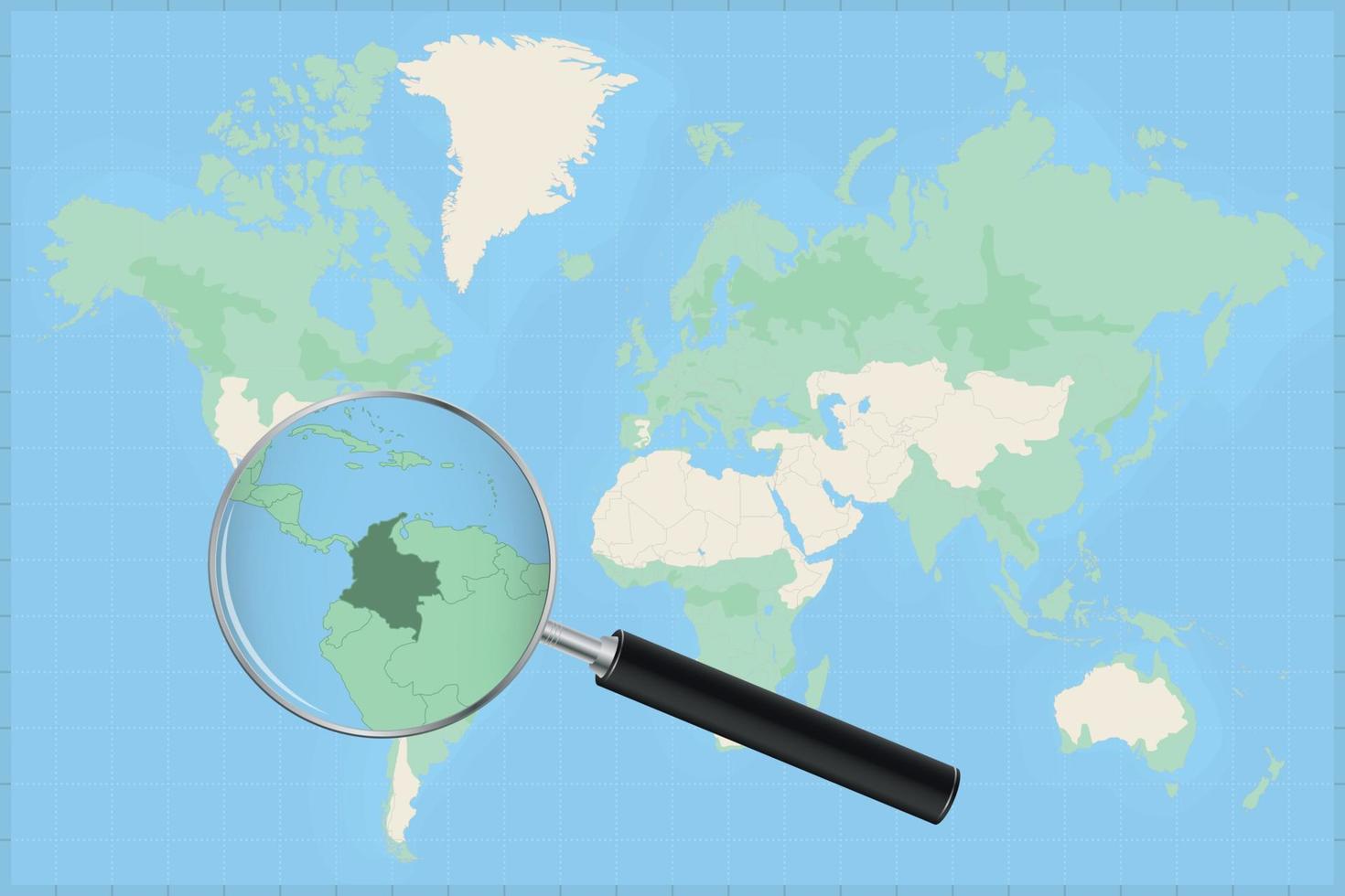 Map of the world with a magnifying glass on a map of Colombia. vector