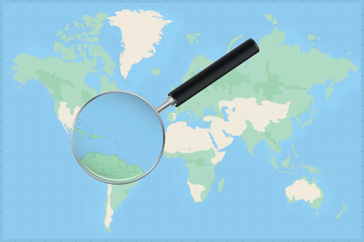 Map of the world with a magnifying glass on a map of Antigua and Barbuda. vector