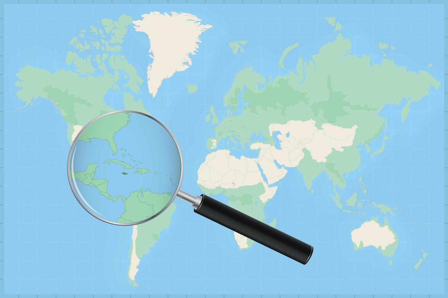 Map of the world with a magnifying glass on a map of Jamaica. vector