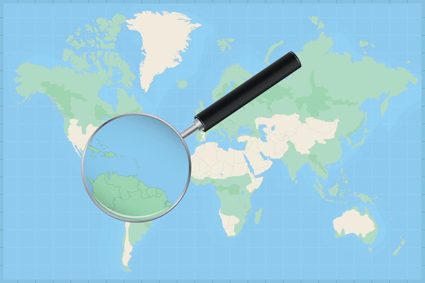 Map of the world with a magnifying glass on a map of Grenada. vector