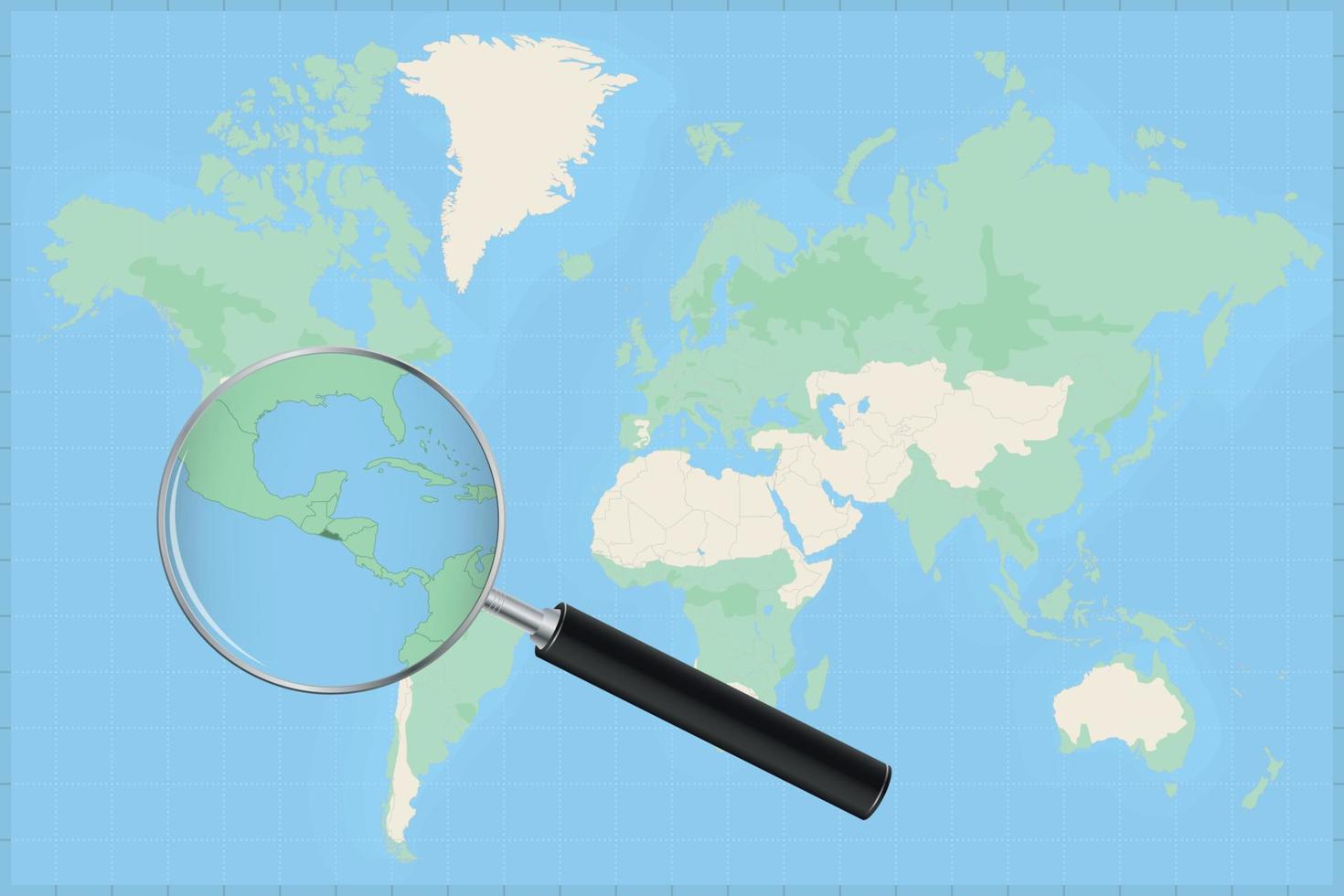 Map of the world with a magnifying glass on a map of El Salvador. vector
