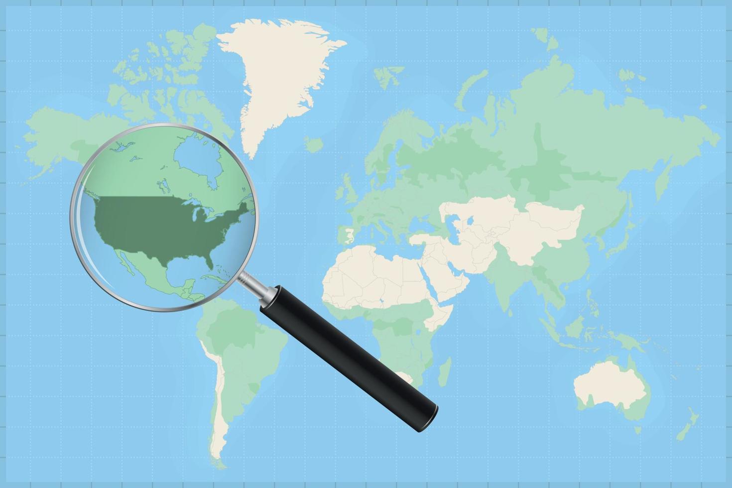 mapa del mundo con una lupa en un mapa de estados unidos. vector