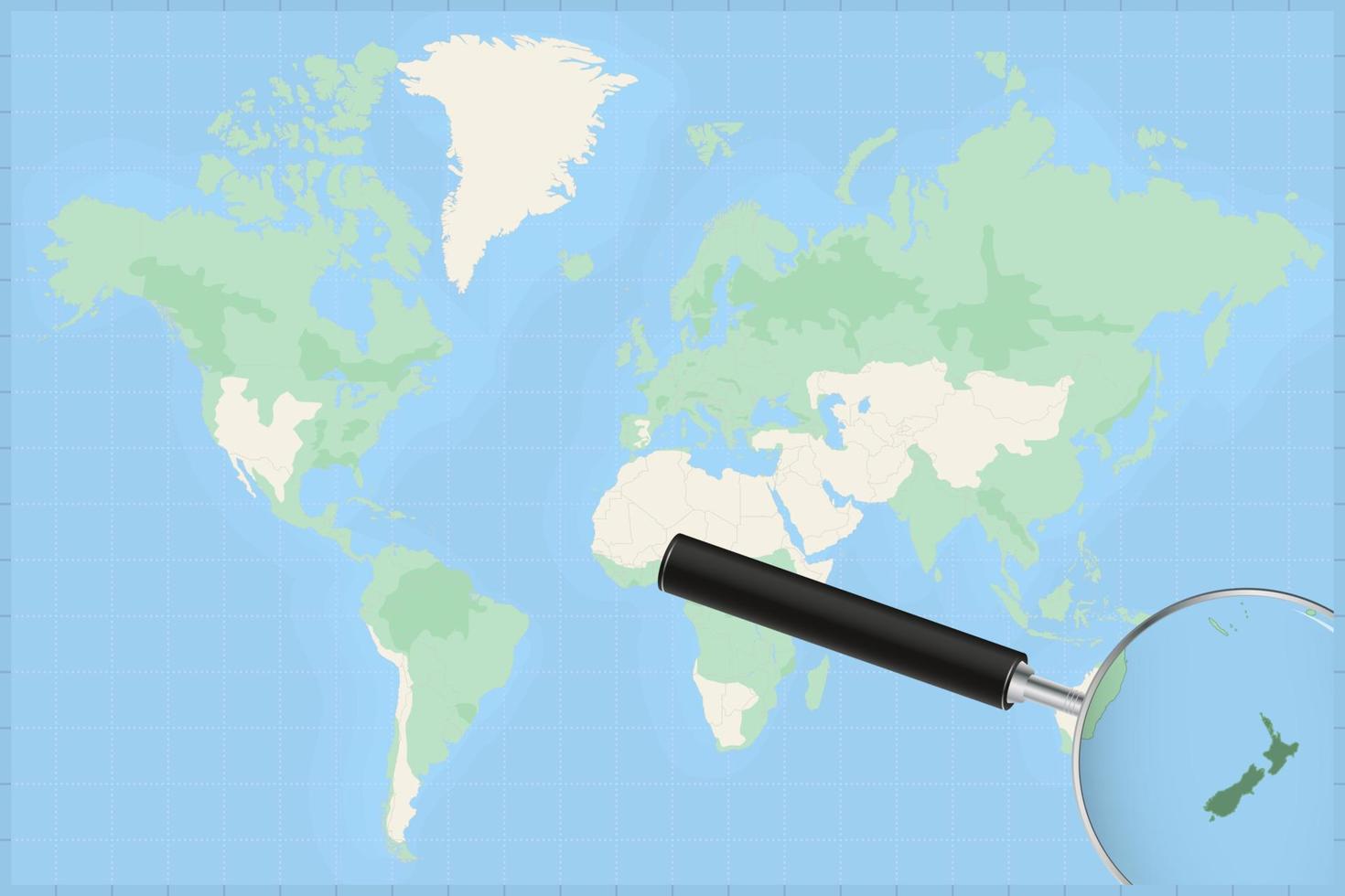 Map of the world with a magnifying glass on a map of New Zealand. vector