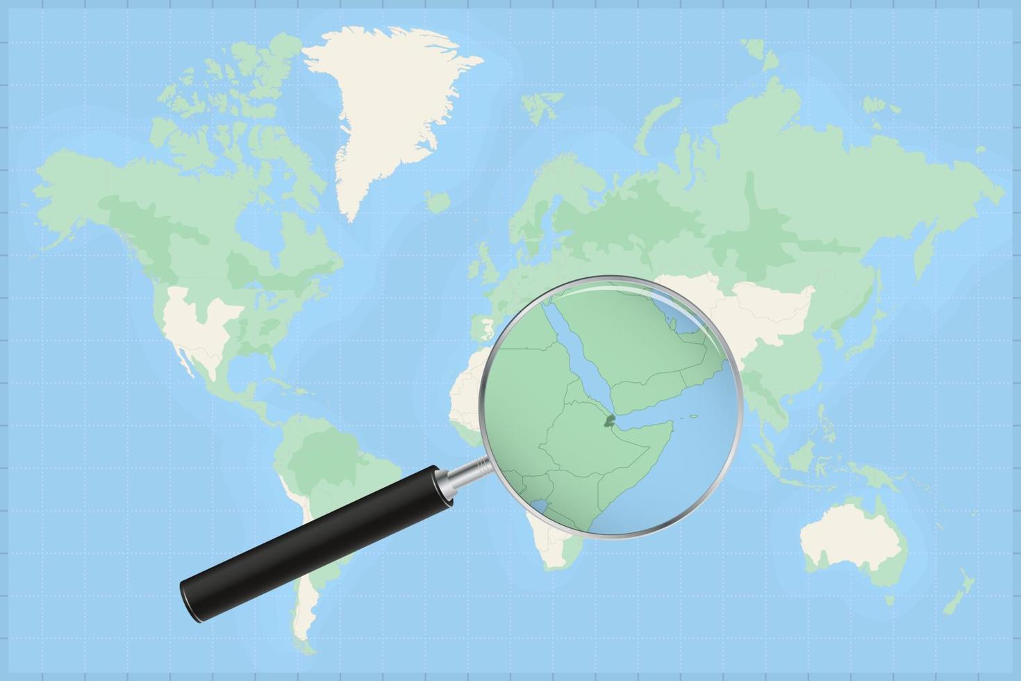 Map of the world with a magnifying glass on a map of Djibouti. vector