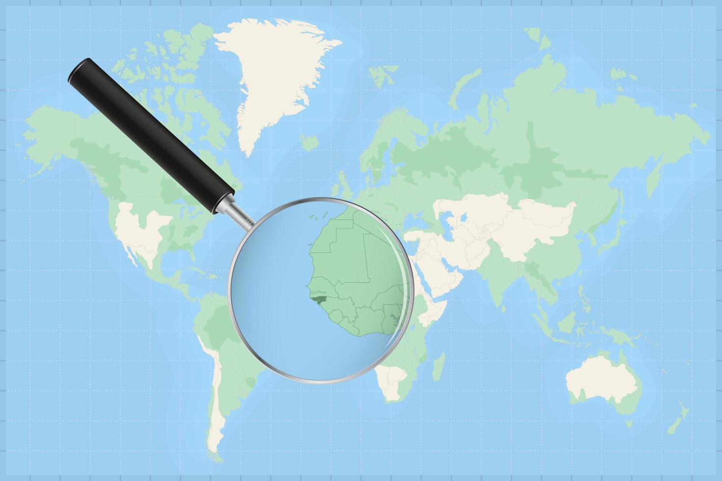 Map of the world with a magnifying glass on a map of Guinea-Bissau. vector