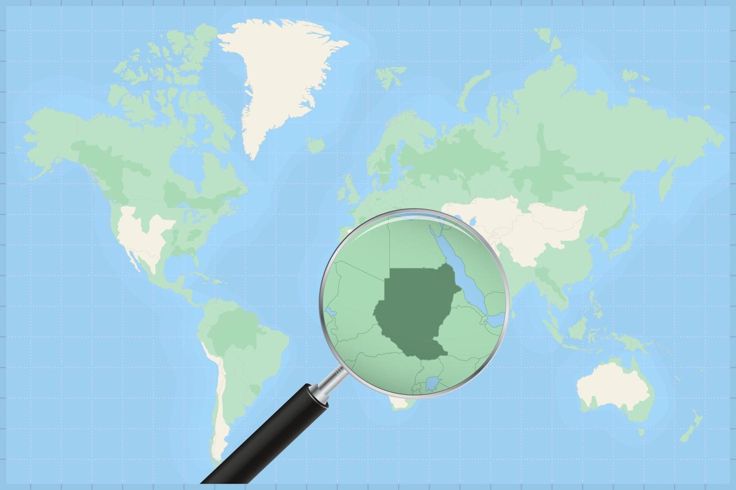 mapa del mundo con una lupa en un mapa de sudán. vector