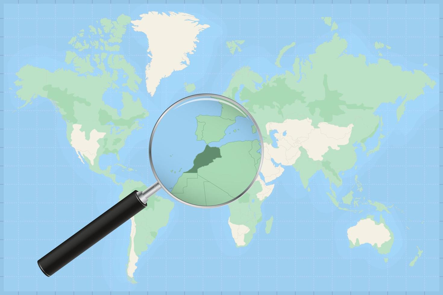 mapa del mundo con una lupa en un mapa de marruecos. vector