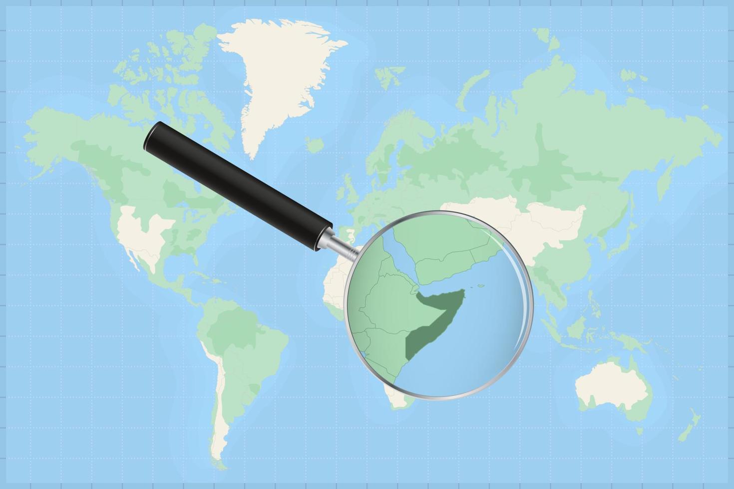 Map of the world with a magnifying glass on a map of Somalia. vector
