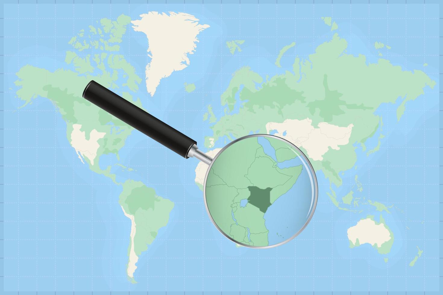 Map of the world with a magnifying glass on a map of Kenya. vector