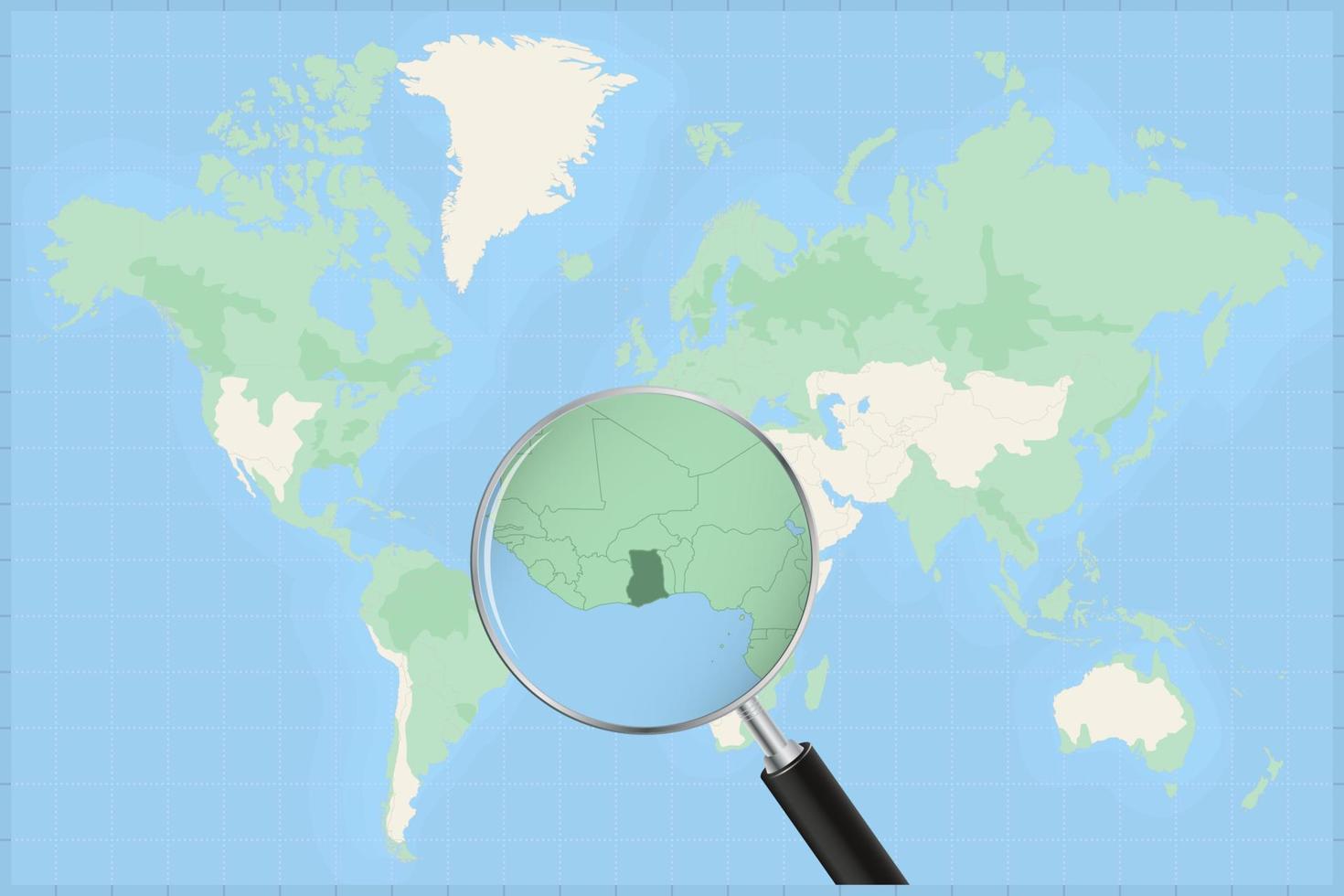 Map of the world with a magnifying glass on a map of Ghana. vector