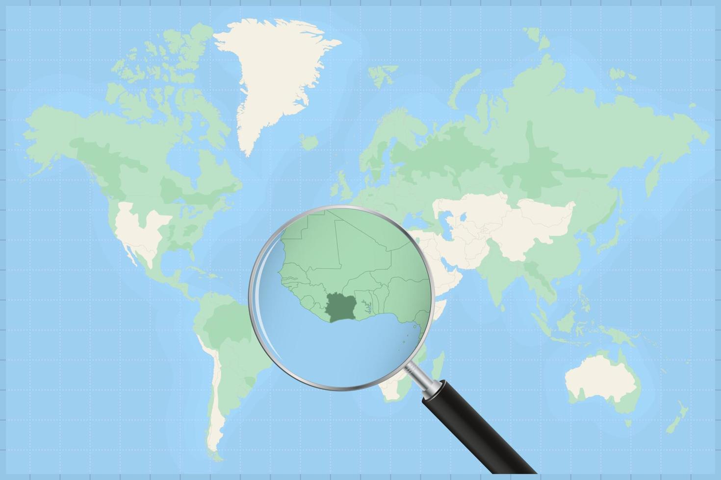 mapa del mundo con una lupa en un mapa de costa de marfil. vector