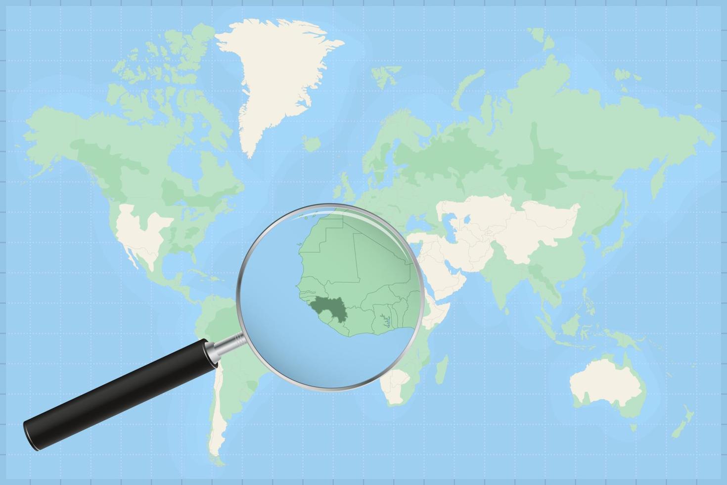 Map of the world with a magnifying glass on a map of Guinea. vector