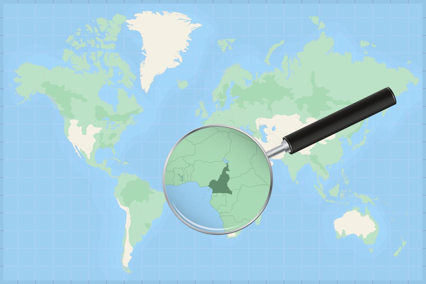 Map of the world with a magnifying glass on a map of Cameroon. vector