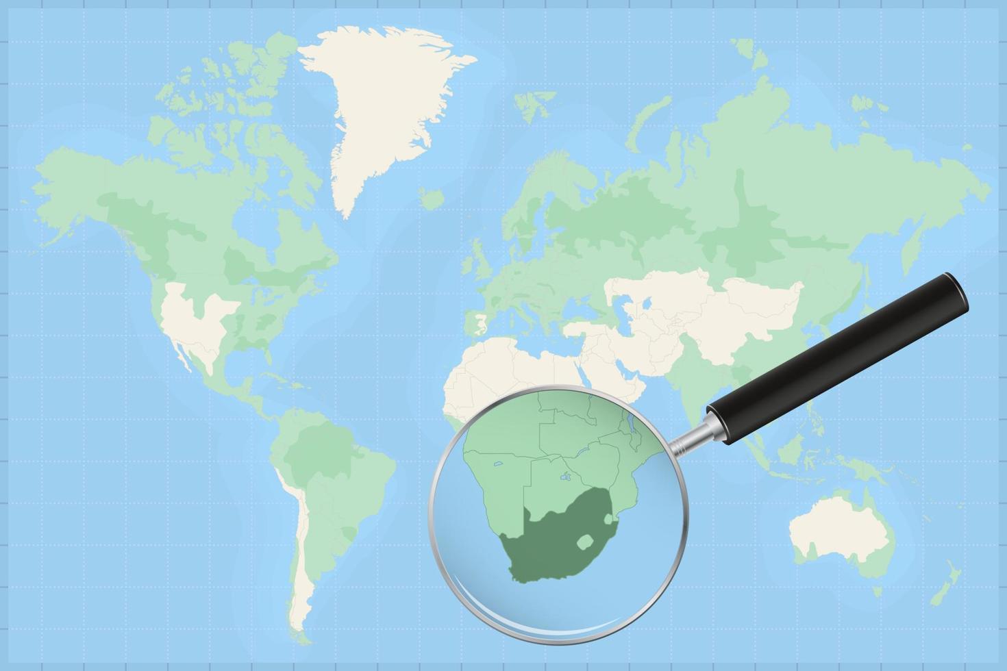 mapa del mundo con una lupa en un mapa de sudáfrica. vector