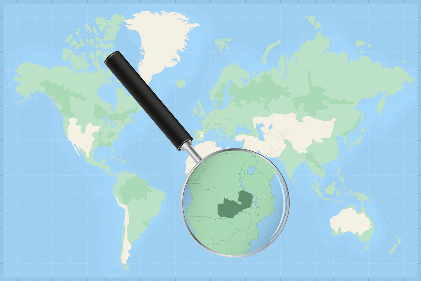 Map of the world with a magnifying glass on a map of Zambia. vector